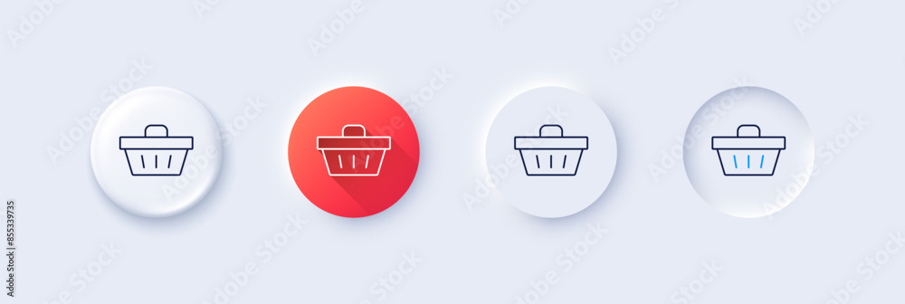 Shopping cart line icon. Neumorphic, Red gradient, 3d pin buttons. Online buying sign. Supermarket basket symbol. Line icons. Neumorphic buttons with outline signs. Vector Shopping cart line icon. Neumorphic, Red gradient, 3d pin buttons. Online buying sign. Supermarket basket symbol. Line icons. Neumorphic buttons with outline signs. Vector