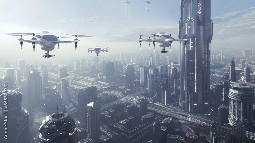 Fototapeta premium Cyberpunk city high-rise technology metropolis building with drones. AI generated image