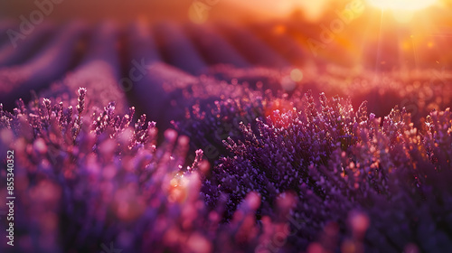 A field of lavender flowers with a warm, golden glow in the background photo
