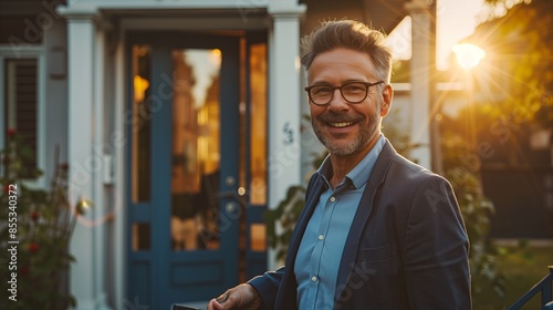 Confident Real Estate Agent Outside Modern Home Ready to Assist Buyers, Smiling Middle-Aged Man in Glasses Standing Outside Home at Sunset