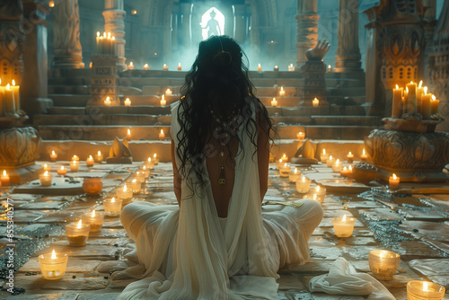 high priestess meditating in a sacred temple surrounded by candlelight