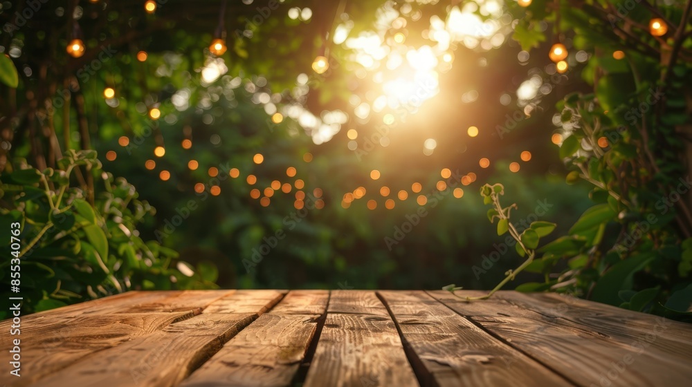 Tranquil Sunset Patio Scene with String Lights and a Rustic Wooden Table Tranquil Sunset Patio Scene with String Lights and a Rustic Wooden Table