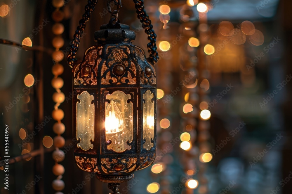 Antique Lantern Hanging from Ceiling with String Lights Antique Lantern Hanging from Ceiling with String Lights