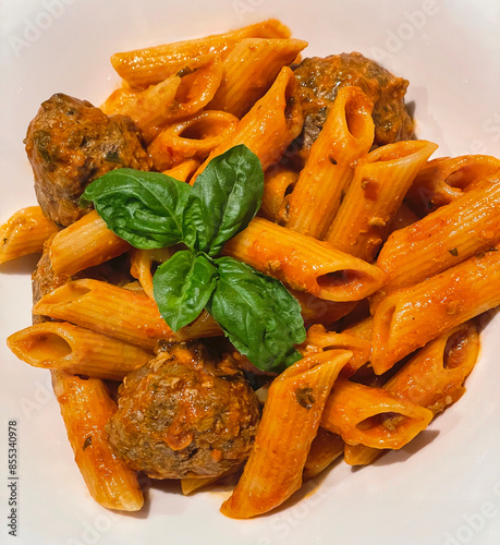 Penne Pasta with Bison meatball sauce