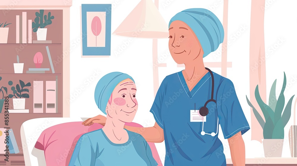 A nurse comforting a patient with a blue headscarf in a cozy room