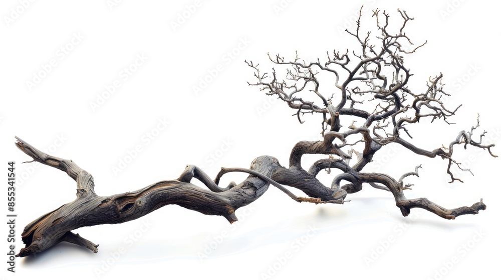 Barren tree branch, twisted and gnarled, isolated on a white background Barren tree branch, twisted and gnarled, isolated on a white background