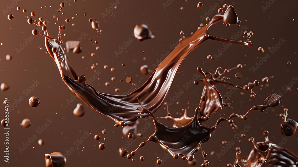 Chocolate splashes frozen mid-air in various dynamic shapes and flows Chocolate splashes frozen mid-air in various dynamic shapes and flows
