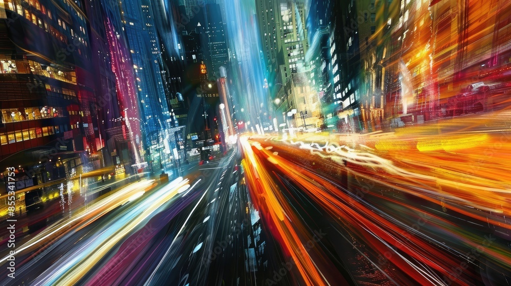 Cityscape abstraction with dynamic light streaks and vibrant colors, creating a sense of motion Cityscape abstraction with dynamic light streaks and vibrant colors, creating a sense of motion