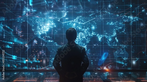 Businessman interacting with futuristic holographic screens, global network connections and digital map in background