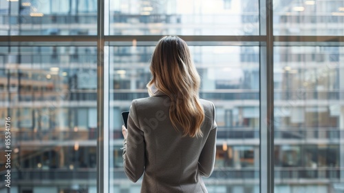 Businesswoman with her phone, gazing out large window, modern office setting Free Download Businesswoman with her phone, gazing out large window, modern office setting - GFXLoad