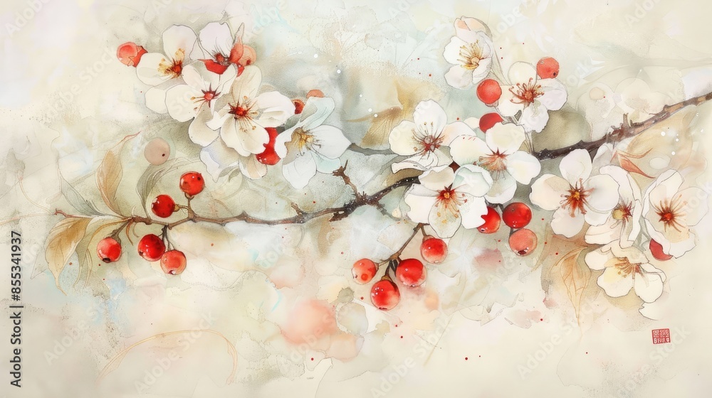 Delicate watercolor painting of cherry blossoms with red berries on slender branches Delicate watercolor painting of cherry blossoms with red berries on slender branches