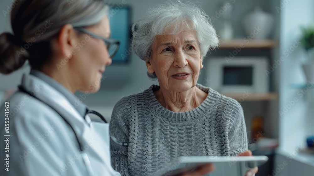 Fototapeta premium Elderly woman in grey sweater talking to a doctor holding a tablet