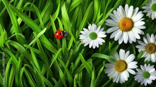 Daisies and ladybug in green grass; fresh, vibrant nature scene