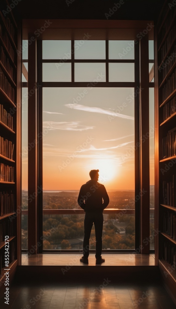 The promise of a new day: a man stands in the quiet of a library, watching the sun set over the horizon The promise of a new day: a man stands in the quiet of a library, watching the sun set over the horizon
