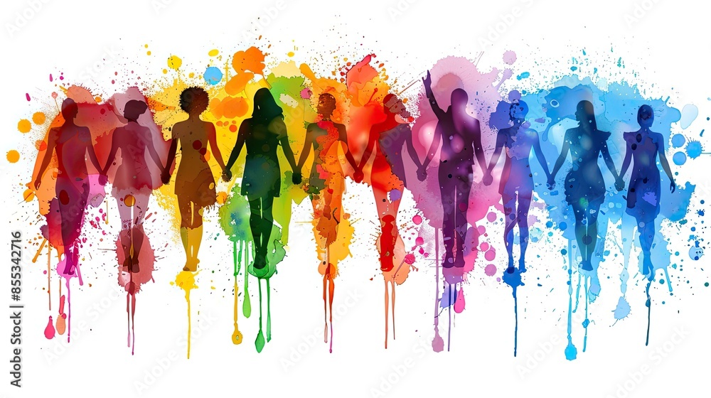 Silhouettes of Diverse Individuals% A colorful lineup of people holding hands, paint splash background Silhouettes of Diverse Individuals% A colorful lineup of people holding hands, paint splash background