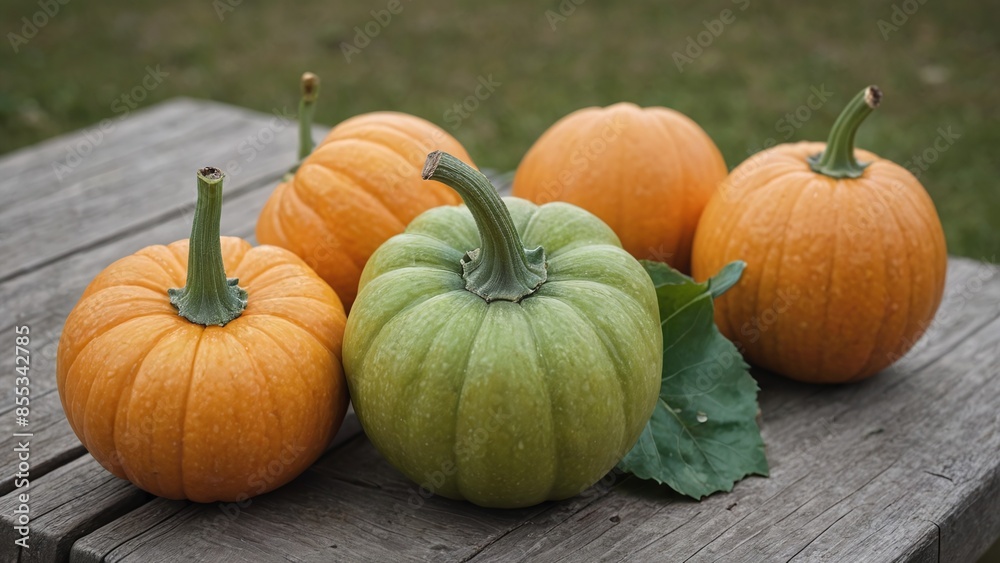 Harvest Bounty Freshly Picked Pumpkins on Wooden Table Harvest Bounty Freshly Picked Pumpkins on Wooden Table