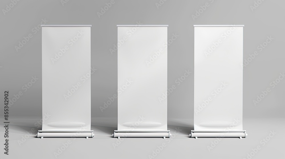 Three white blank roll-up banners on a gray background Three white blank roll-up banners on a gray background