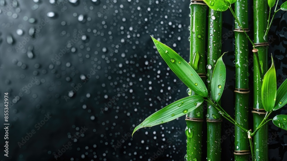 Fototapeta premium Three green bamboo stalks with fresh leaves, black background with water droplets