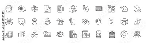 Phone code, Chemical hazard and Recovery gear line icons. Pack of Decreasing graph, Finance calculator, Group icon. Fake news, Winner cup, Smile face pictogram. Communication. Line icons. Vector