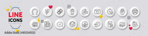 Loyalty tags, World insurance and Timer line icons. White buttons 3d icons. Pack of Journey, Ship, Social media icon. Bitcoin, Qr code, Incubator pictogram. Vector