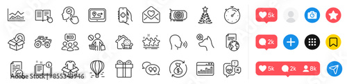 Read instruction, Select user and Timer line icons pack. Social media icons. Air balloon, Inspect, Trade infochart web icon. Auction, Christmas tree, Cyber attack pictogram. Vector