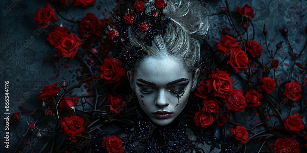 Fototapeta premium pale gothic style woman surrounded by red roses