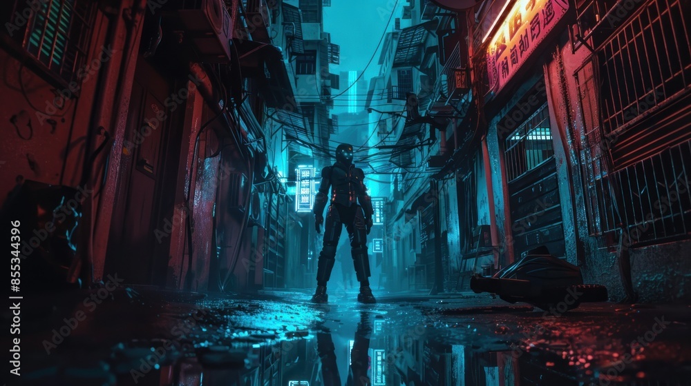 Obraz premium Human robotic in the middle of a Japanese modern technology futuristic city at night