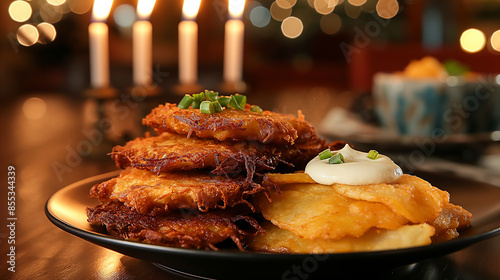 Stack of delicious potato pancakes being served on plate for hanukkah celebration photo