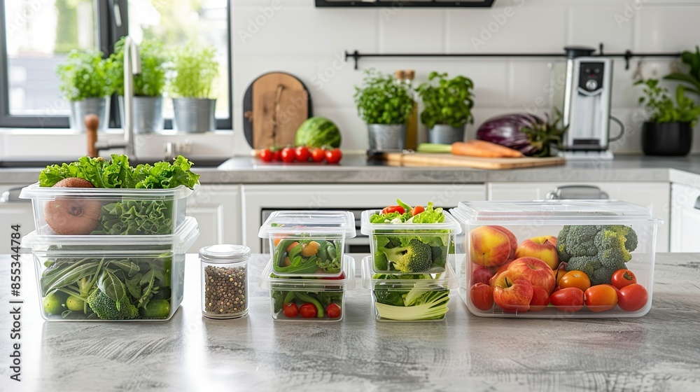 Fresh Vegetables And Fruits In Plastic Containers On Clean Kitchen Counter Fresh Vegetables And Fruits In Plastic Containers On Clean Kitchen Counter
