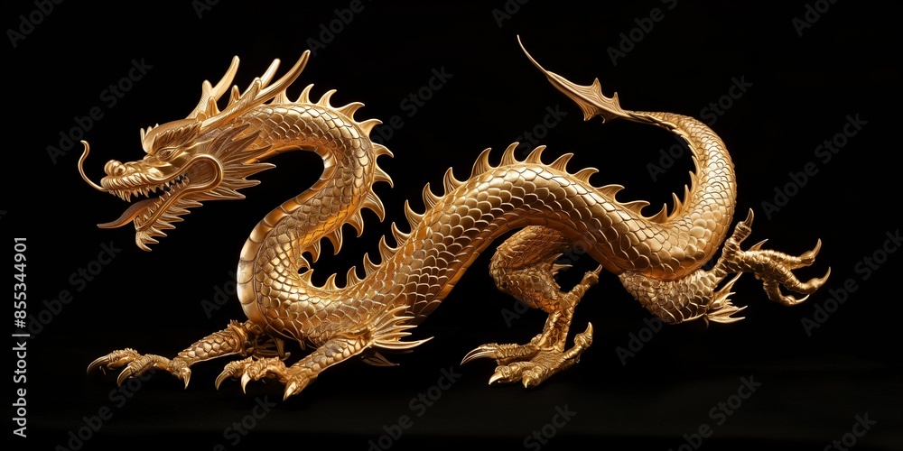 Full body gold dragon in bend body pose isolated on black background.