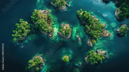 A breathtaking aerial view of a cluster of small islands surrounded by crystal clear water in the center of a serene lake, showcasing the beauty of natural landscape and marine biology AIG50 © Summit Art Creations