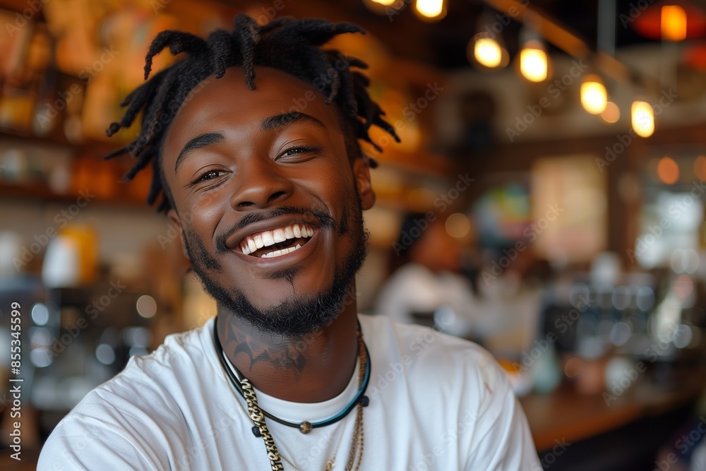 Fototapeta premium Smiling Man With Dreadlocks in a Coffee Shop