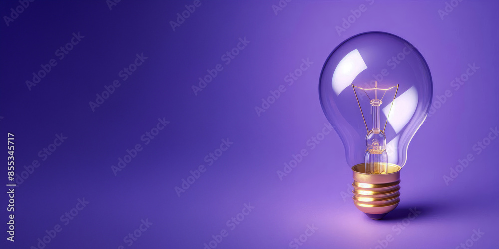 Clear light bulb with gold base against solid purple backdrop, Glass reflects vibrant purple background, emphasizing contrast and aesthetic appeal, for design concepts and decor themes Clear light bulb with gold base against solid purple backdrop, Glass reflects vibrant purple background, emphasizing contrast and aesthetic appeal, for design concepts and decor themes