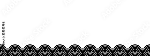 Horizontal border with japanese seigaiha pattern. Black and white scallops print. Fish squama or dragon scale. Sea or ocean waves background. Simple geometric ornament. Vector graphic illustration.