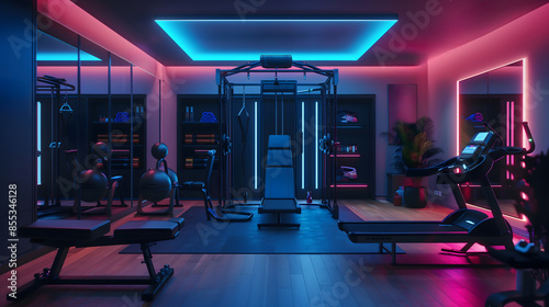 gym with high-tech equipment and neon lights, representing the future of fitness in a home setting