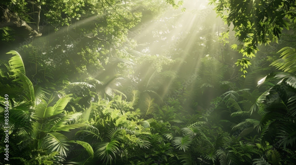 Sunlight Beaming Through Tropical Rainforest Canopy Sunlight Beaming Through Tropical Rainforest Canopy