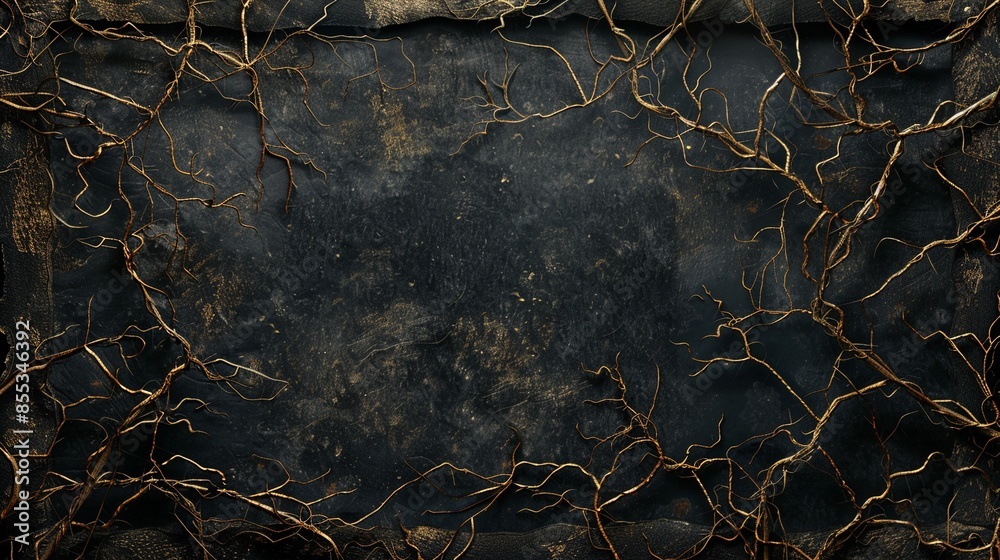 Fototapeta premium Blank dark gothic frame with dry branches edges, old worn black grunge style fantasy border, Halloween card poster horror backgrounds, medieval cinematic dramatic dark banner.
