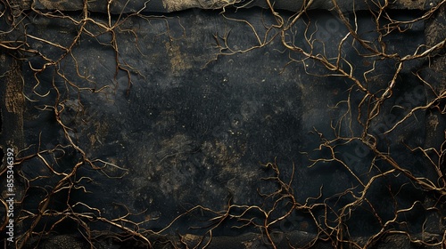 Blank dark gothic frame with dry branches edges, old worn black grunge style fantasy border, Halloween card poster horror backgrounds, medieval cinematic dramatic dark banner.