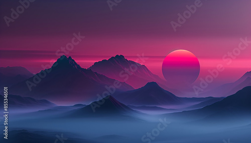 surreal synthwave landscape, sunrise in the mountains