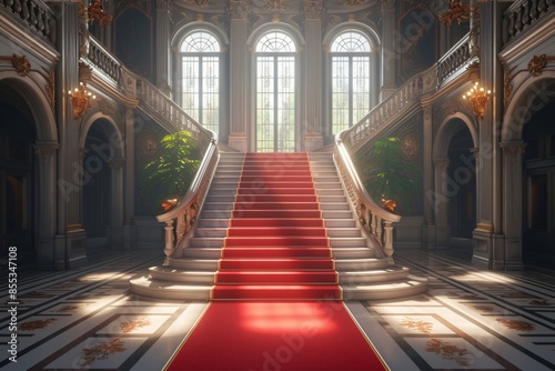 Regal Red Carpet Staircase with Ornate Golden railing, luxury Interior design