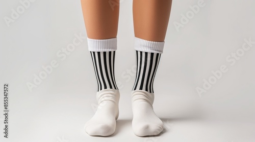 White socks with black stripes worn by a person with tan skin.