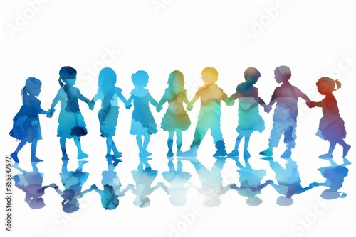 Serene silhouettes of children holding hands on a white background