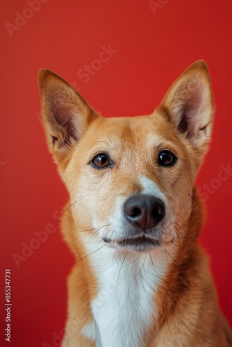 Canaan dog on minimalistic colorful background with Copy Space. Perfect for banners, veterinary ads, pet food promotions, and minimalist designs.  © Darya