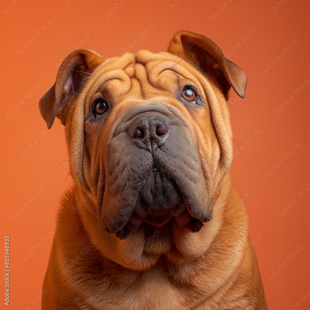 Obraz premium Chinese Shar-Pei dog on minimalistic colorful background with Copy Space. Perfect for banners, veterinary ads, pet food promotions, and minimalist designs.
