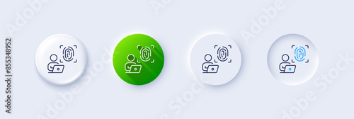 Computer fingerprint line icon. Neumorphic, Green gradient, 3d pin buttons. Finger print scan sign. Biometric identity symbol. Line icons. Neumorphic buttons with outline signs. Vector