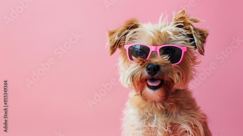 Happy smile Puppy dog wear sunglasses with summer season costume isolated on background, pets summer, lovely dog, holiday vacation.