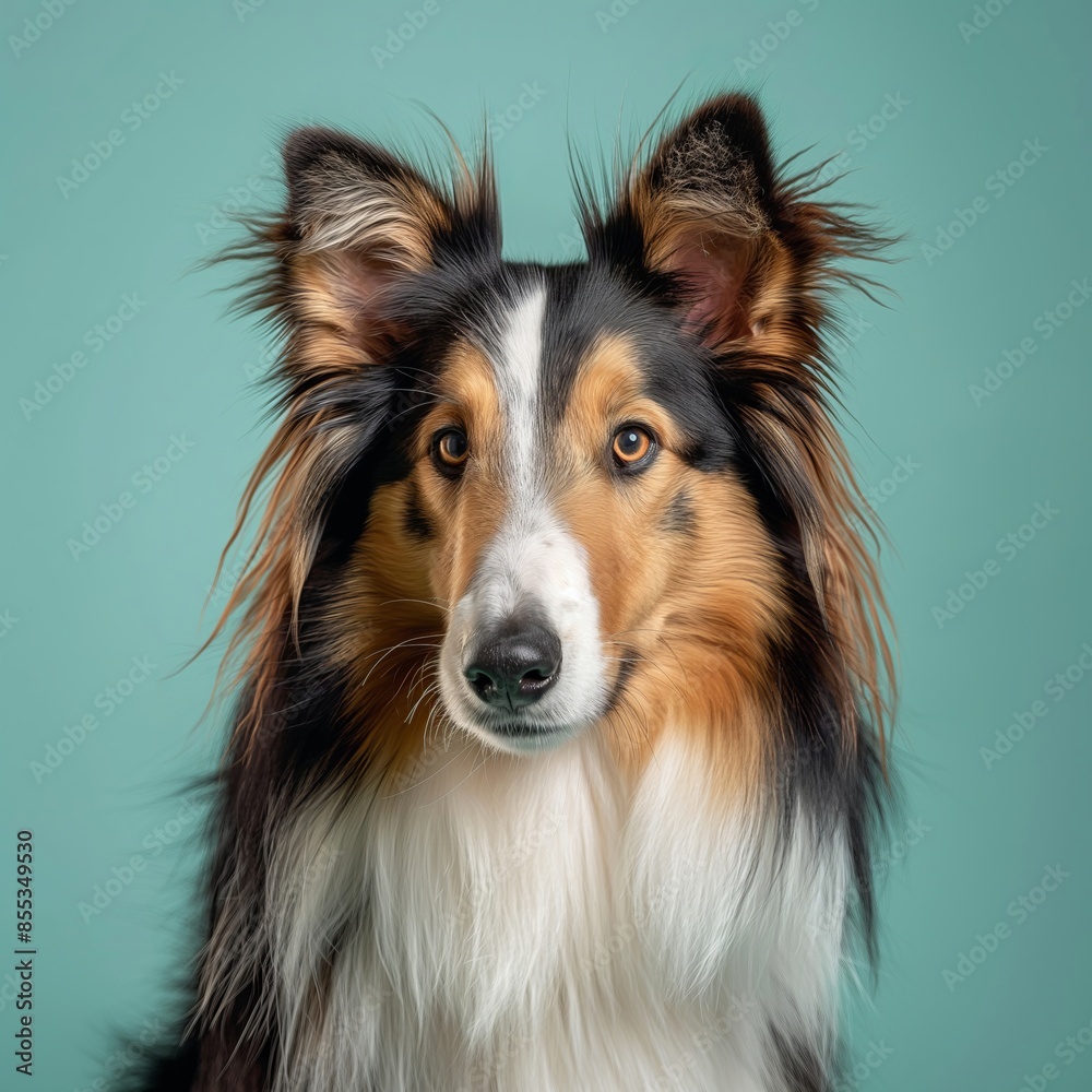 Fototapeta premium Collie dog on minimalistic colorful background with Copy Space. Perfect for banners, veterinary ads, pet food promotions, and minimalist designs.