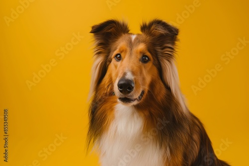 Collie dog on minimalistic colorful background with Copy Space. Perfect for banners, veterinary ads, pet food promotions, and minimalist designs. © Darya