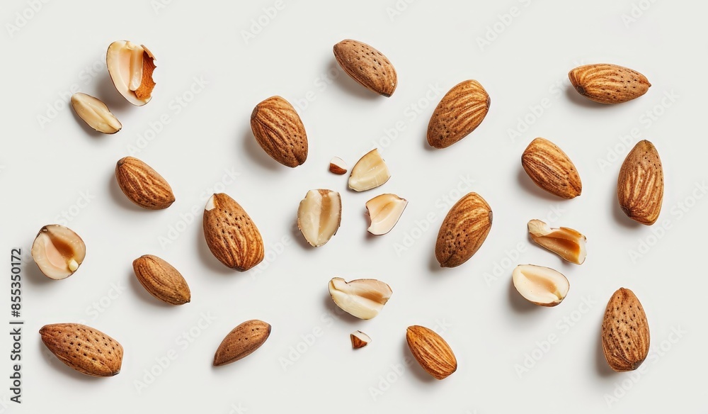 Premium Roasted Almonds - Unpeeled, Whole, Fresh Nuts on a Plain White Background Premium Roasted Almonds - Unpeeled, Whole, Fresh Nuts on a Plain White Background
