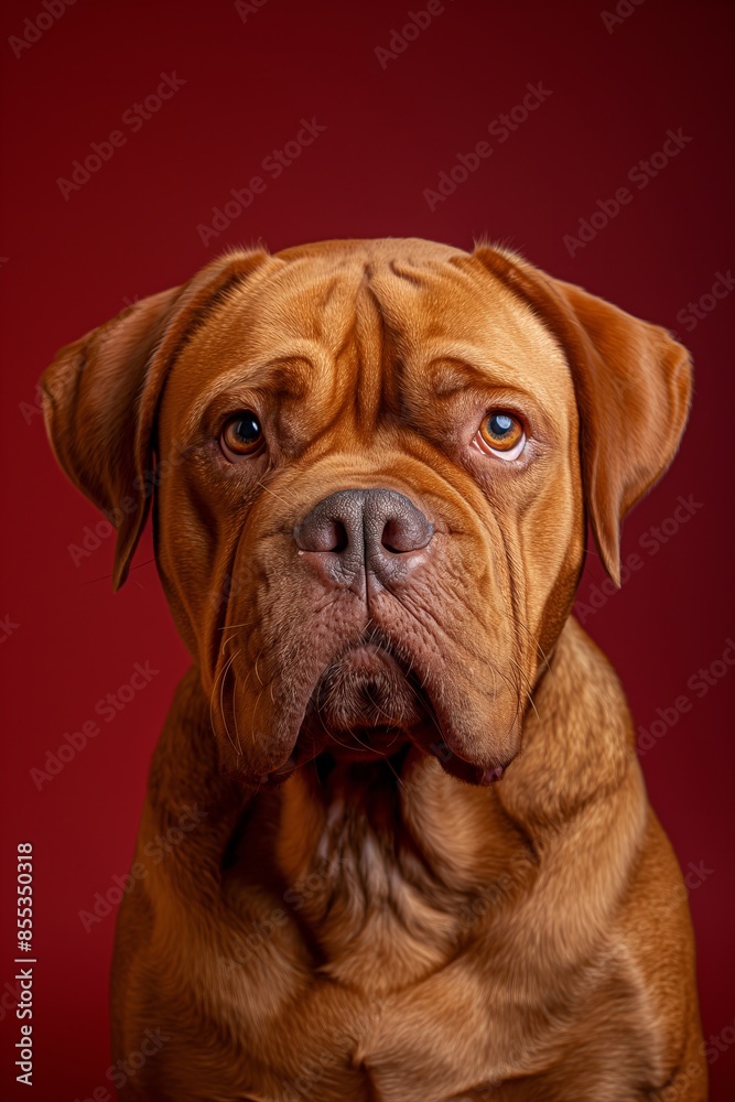 Obraz premium Dogue de Bordeaux dog on minimalistic colorful background with Copy Space. Perfect for banners, veterinary ads, pet food promotions, and minimalist designs.